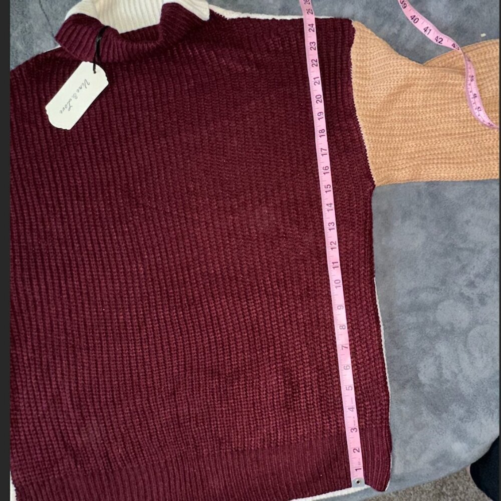 Vine & Love Burgundy Pink Tan Cream Chunky Knit Oversized Sweater Turtleneck - Picture 7 of 7